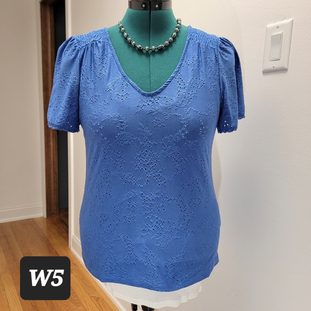W5 short sleeve embroidered top size medium. Blue fabric.